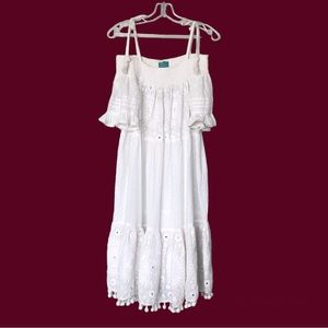 Antica Sartoria White Swiss Dot Embroidered Cold Shoulder Tiered Dress